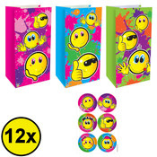 Henbrandt Decopatent® 12 STUKS Traktatie Uitdeel papieren zakjes - Inclusief Stickers - SMILEY - Vrolijke Gezichten - Tasjes - Traktatiezakjes voor uitdeelcadeautjes - Kinderfeestje - 13x8x25 Cm