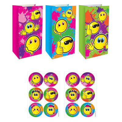 Henbrandt Decopatent® 12 STUKS Traktatie Uitdeel papieren zakjes - Inclusief Stickers - SMILEY - Vrolijke Gezichten - Tasjes - Traktatiezakjes voor uitdeelcadeautjes - Kinderfeestje - 13x8x25 Cm