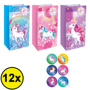 Henbrandt Decopatent® 12 STUKS Traktatie Uitdeel papieren zakjes - Inclusief Stickers - UNICORN - Eenhoorn - Tasjes - Traktatiezakjes voor uitdeelcadeautjes - Kinderfeestje - 13x8x25 Cm