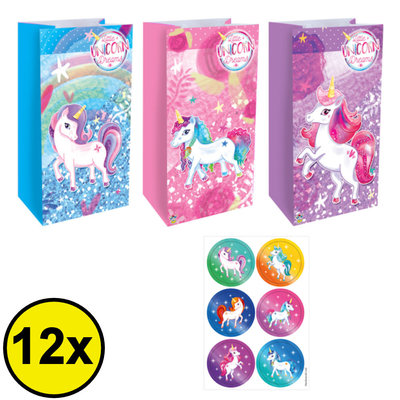 Henbrandt Decopatent® 12 STUKS Traktatie Uitdeel papieren zakjes - Inclusief Stickers - UNICORN - Eenhoorn - Tasjes - Traktatiezakjes voor uitdeelcadeautjes - Kinderfeestje - 13x8x25 Cm