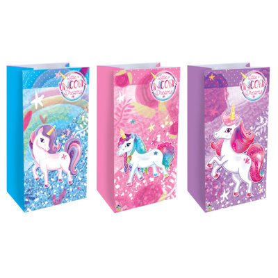 Decopatent Decopatent® 12 STUKS Traktatie Uitdeel papieren zakjes - Inclusief Stickers - UNICORN - Eenhoorn - Tasjes - Traktatiezakjes voor uitdeelcadeautjes - Kinderfeestje - 13x8x25 Cm