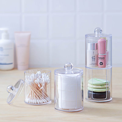 Decopatent Decopatent® Ronde Wattenschijfjes & Staafjes Organizer met 2 Vakken - Makeup Organizer Transparant - Wattenstaafjes en Oorstokjes opbergen - Make-up - Cosmetica - Opbergdoos