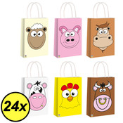 Henbrandt Decopatent® 24 STUKS MIX Boerderij Dieren Traktatie Uitdeel papieren zakjes met Handvat - Tasjes voor Uitdeelcadeautjes - Kinderfeestje