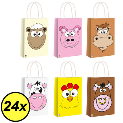 Henbrandt Decopatent® 24 STUKS MIX Boerderij Dieren Traktatie Uitdeel papieren zakjes met Handvat - Tasjes voor Uitdeelcadeautjes - Kinderfeestje