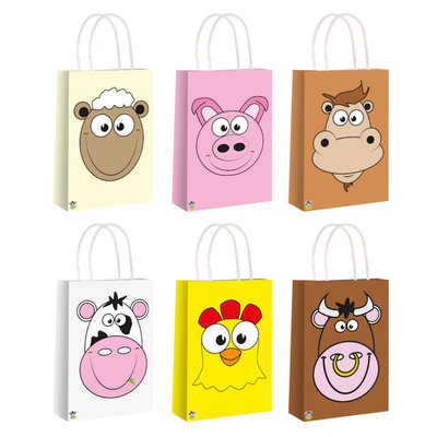 Henbrandt Decopatent® 24 STUKS MIX Boerderij Dieren Traktatie Uitdeel papieren zakjes met Handvat - Tasjes voor Uitdeelcadeautjes - Kinderfeestje