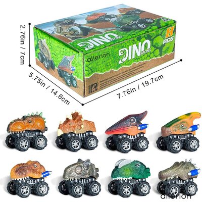 Allerion Allerion Dino Trek Auto’s - Set van 8 Verschillende - Voertuigen met Dinosaurussen