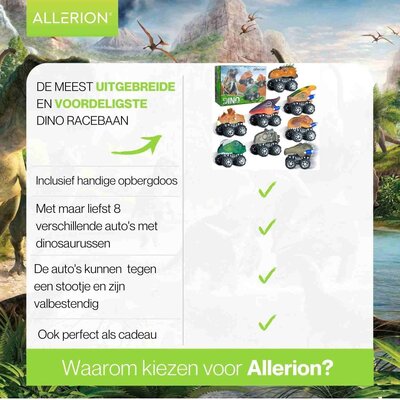 Allerion Allerion Dino Trek Auto’s - Set van 8 Verschillende - Voertuigen met Dinosaurussen