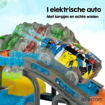 Allerion Allerion Glow in the Dark Racebaan - 220-delig - Looping - Met Zelfrijdende Auto en Echte Rook - XXL Speelset
