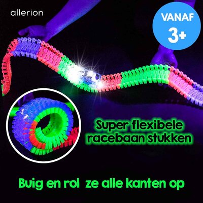 Allerion Allerion Glow in the Dark Racebaan - 220-delig - Looping - Met Zelfrijdende Auto en Echte Rook - XXL Speelset