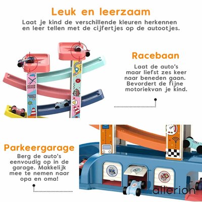 Allerion Allerion Toddler Baan - Peuter Speelgoed - Zig-Zag Auto Baan - Plastic Jodelbaan - Met 8 Autootjes en Garage