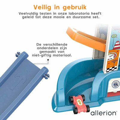 Allerion Allerion Toddler Baan - Peuter Speelgoed - Zig-Zag Auto Baan - Plastic Jodelbaan - Met 8 Autootjes en Garage