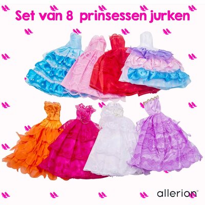 Allerion Allerion Jurkjes Set - Geschikt voor Poppen - 8 stuks - Poppenkleding - Verschillende kleuren; Roze, Rood, Paars, Blauw - In Opbergzakje - Past door Brievenbus