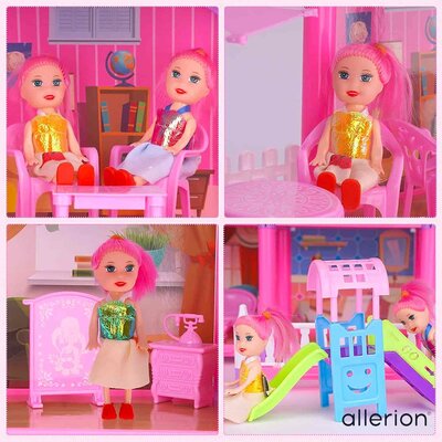 Allerion Allerion Poppenhuis - Met Meubels en Poppen - Inclusief Accessoires - 126-delig - Roze