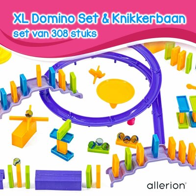 Allerion Allerion Domino Set XL - Domino Stenen Spel voor Kinderen - Met Knikkerbaan - 308-delig - Veel Attributen