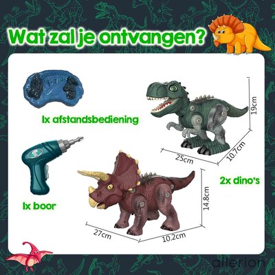 Allerion Allerion Dinosaurus 3D Puzzel Set - 2 Dino’s RC - T-Rex en Triceratops - Met Automatische Schroefmachine - Bestuurbare Dino - Bouwpakket