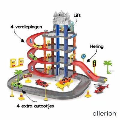 Allerion Allerion Speelgoed Garage - Autogarage - Met Verdiepingen - Voor Jongens en Meisjes - Met 4 Autootjes