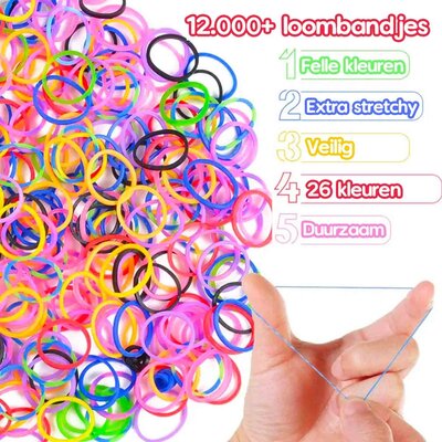 Allerion Allerion Loombandjes Aanvul Set - 12.000 Loom Elastiekjes - 26 Kleuren - Inclusief Accessoires - Knutselset