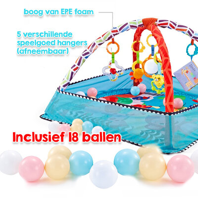 Allerion Allerion Baby Gym Ballenbak - Baby Speelmat - Opvouwbaar - Met 5 Hangers en 18 Ballen - Blauw – 80cm x 80cm