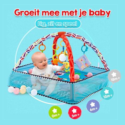 Allerion Allerion Baby Gym Ballenbak - Baby Speelmat - Opvouwbaar - Met 5 Hangers en 18 Ballen - Blauw – 80cm x 80cm