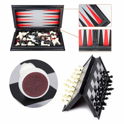 Allerion Allerion 3-in-1 Schaakbord Set - Schaken, Dammen, Backgammon - Schaakbord - Reis Spel - 25cm x 25cm