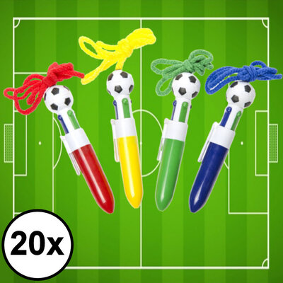 Decopatent Decopatent® Uitdeelcadeaus 20 STUKS Voetbal Pennen met 4 Kleuren aan Koord - Traktatie Uitdeelcadeautjes voor kinderen - Speelgoed