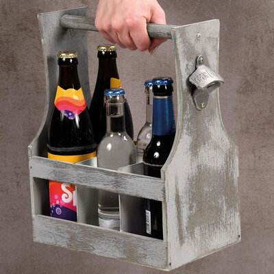 Kesper FSC® Houten Bierkrat met Bierflessen opener - Bier Flessenhouder voor 6 flessen met opener - Bier butler - Bierkrat Flessen Drager - Bier Krat - Afm. 25 x 16,8 x 32 Cm.