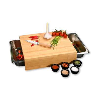 Kesper XL FSC® Bamboe Houten Snijplank met 2 RVS Laden  - 2in1 Verhoogde Snij Plank met 2 RVS Uitschuifbare laden aan de Zijkant (Opvangbakken) - Afm. 35 x 29 x 9.5 Cm.