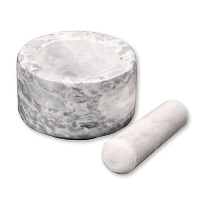 Kesper Vijzel met Stamper van Porselein Ø 13 Cm - Wit Marmer - Fijnstampen en vermalen van Kruiden - Vijzel en stamper Afm. 13 x 13 x 8 Cm. - WIT