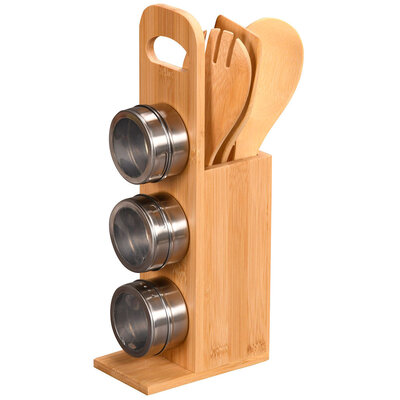 Kesper FSC® Keukengerei houder Set - Met 3x Kruidenpotjes - 7-Delige keukengerei Set - Kruidenpotjes en Spatel Set + Houder - FSC® Bamboe Hout