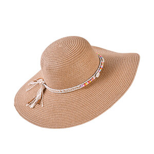 Decopatent Decopatent - Zonnehoed Dames - Ibiza Style - Zomerhoed met Schelpen en Kralen - Strohoed UV - Strandhoed Hoofddeksel met Brede rand - Hoed voor Volwassenen - Kleur: Bruin