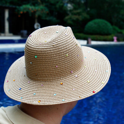 Decopatent Decopatent - Zonnehoed Dames - Festival Hoed met Glitters - Zomerhoed - Strohoed UV - Strandhoed Hoofddeksel met Brede rand - Hoed voor Volwassenen - Kleur: Naturel