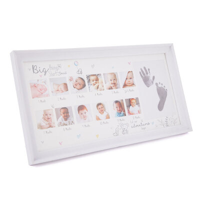 Decopatent Decopatent - Kinderfotolijst voor Voet en Hand Afdruk 1 tm 12 Maanden - Kinder Baby Fotolijst Eerste Jaar - My First Year Babyshower - Kraam Cadeau - Inclusief Inkt Stempel - 38 x 20 Cm - Wit