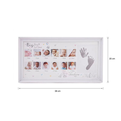 Decopatent Decopatent - Kinderfotolijst voor Voet en Hand Afdruk 1 tm 12 Maanden - Kinder Baby Fotolijst Eerste Jaar - My First Year Babyshower - Kraam Cadeau - Inclusief Inkt Stempel - 38 x 20 Cm - Wit