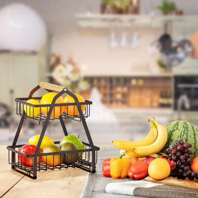 Decopatent Decopatent - 2-Laags Fruit Etagere Fruitschaal - Fruitschaal Rechthoekig - Metaal - Fruit Etagere 2 Lagen - Fruitmand Zwart - Modern en Stijlvol - Afm: 27 x 17 x 30 Cm