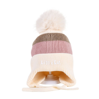 Decopatent Decopatent LITTLE CAT - Muts Kind - Kinder muts met pompon - 6 Maanden  t/m 6 jaar - Maat 48/52 - Kindermutsen Jongens & Meisjes - Gebreide Muts met Binnenvoering - Muts Baby / Peuter / Kleuter - Wintermuts - Kleur: Wit met gekleurde Strepen