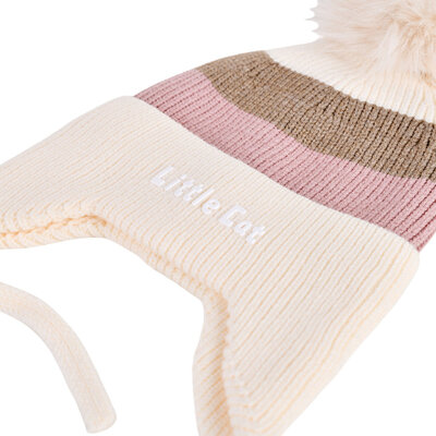 Decopatent Decopatent LITTLE CAT - Muts Kind - Kinder muts met pompon - 6 Maanden  t/m 6 jaar - Maat 48/52 - Kindermutsen Jongens & Meisjes - Gebreide Muts met Binnenvoering - Muts Baby / Peuter / Kleuter - Wintermuts - Kleur: Wit met gekleurde Strepen
