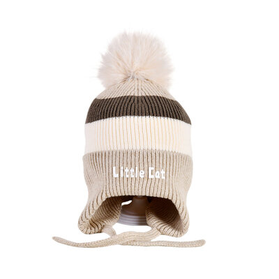 Decopatent Decopatent LITTLE CAT - Muts Kind - Kinder muts met pompon - 6 Maanden  t/m 6 jaar - Maat 48/52 - Kindermutsen Jongens & Meisjes - Gebreide Muts met Binnenvoering - Muts Baby / Peuter / Kleuter - Wintermuts - Kleur: Grijs met gekleurde Strepen