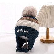 Decopatent Decopatent LITTLE CAT - Muts Kind - Kinder muts met pompon - 6 Maanden  t/m 6 jaar - Maat 48/52 - Kindermutsen Jongens & Meisjes - Gebreide Muts met Binnenvoering - Muts Baby / Peuter / Kleuter - Wintermuts - Kleur: Blauw met gekleurde Strepen