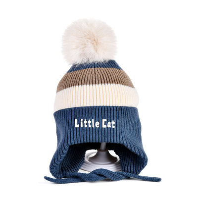 Decopatent Decopatent LITTLE CAT - Muts Kind - Kinder muts met pompon - 6 Maanden  t/m 6 jaar - Maat 48/52 - Kindermutsen Jongens & Meisjes - Gebreide Muts met Binnenvoering - Muts Baby / Peuter / Kleuter - Wintermuts - Kleur: Blauw met gekleurde Strepen