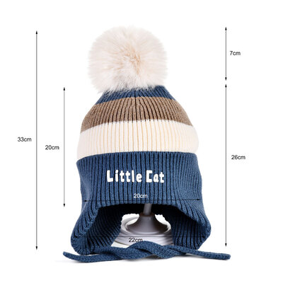 Decopatent Decopatent LITTLE CAT - Muts Kind - Kinder muts met pompon - 6 Maanden  t/m 6 jaar - Maat 48/52 - Kindermutsen Jongens & Meisjes - Gebreide Muts met Binnenvoering - Muts Baby / Peuter / Kleuter - Wintermuts - Kleur: Blauw met gekleurde Strepen