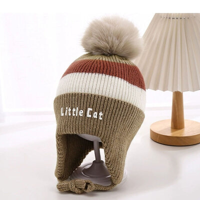Decopatent Decopatent LITTLE CAT - Muts Kind - Kinder muts met pompon - 6 Maanden  t/m 6 jaar - Maat 48/52 - Kindermutsen Jongens & Meisjes - Gebreide Muts met Binnenvoering - Muts Baby / Peuter / Kleuter - Wintermuts - Kleur: Bruin met gekleurde Strepen
