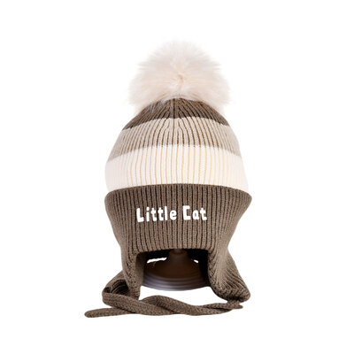 Decopatent Decopatent LITTLE CAT - Muts Kind - Kinder muts met pompon - 6 Maanden  t/m 6 jaar - Maat 48/52 - Kindermutsen Jongens & Meisjes - Gebreide Muts met Binnenvoering - Muts Baby / Peuter / Kleuter - Wintermuts - Kleur Donker Bruin met gekleurde Strepen