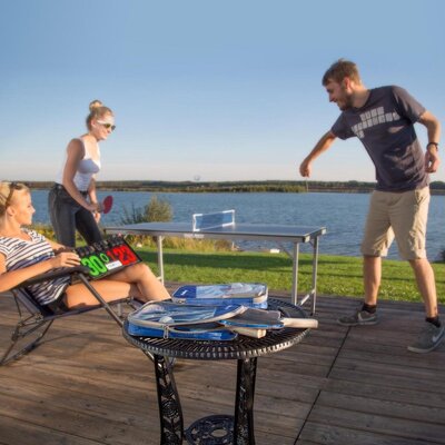 Relaxdays Relaxdays tafeltennisbatjes set - 27x17x5 cm - 2 batjes - met net - 3 ballen - 3 sterren - blauw