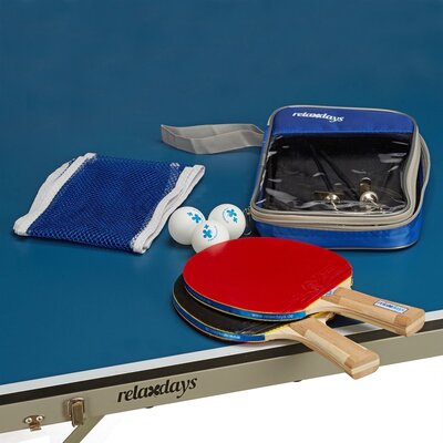 Relaxdays Relaxdays tafeltennisbatjes set - 27x17x5 cm - 2 batjes - met net - 3 ballen - 3 sterren - blauw