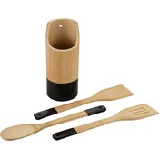 Kesper Kesper Keukengerei lepels set 3-delig - 31 cm - in houder - bamboe - lichtbruin/zwart - Pollepels - Spatels - Keukenspatels
