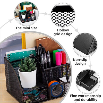 Decopatent Decopatent - Pennenbak 6 vakken en Schuiflade - Pennenhouder - Desk - Bureau organizer - Mesh - Metaal - Pennenbakjes - Zwart