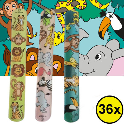 Decopatent 36 STUKS Jungle Dieren Klaparmbandjes - Uitdeelcadeaus - Klap Armbanden - Traktatie Uitdeelcadeautjes voor kinderen - Grabbelton - School - Kinderfeestje - Klein Speelgoed Trakteren - Grabbelton Traktaties Cadeautjes