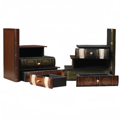 Decopatent Decopatent - Vintage Houten Boekensteunen met 6 Lades - 2-Delige Set - Boekensteun Hout - Vintage Boeken Design - Voorzien van 6 opberg schuiflades - Boekenstandaard - Afm. 16.5x12.5x17 CM.