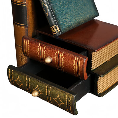 Decopatent Decopatent - Vintage Houten Boekensteunen met 4 Lades - 2-Delige Set - Boekensteun Hout - Vintage Boeken Design - Voorzien van 4 opberg schuiflades - Boekenstandaard - Afm. 10x10x15.5 CM.