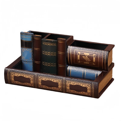 Decopatent Decopatent - Vintage Houten Pennenbak - Pennenhouder - Desk - Bureau organizer met 4 vakken - Hout - Pennenbakjes -Vintage Boeken Design - Afm: 24x12x11.5 Cm.